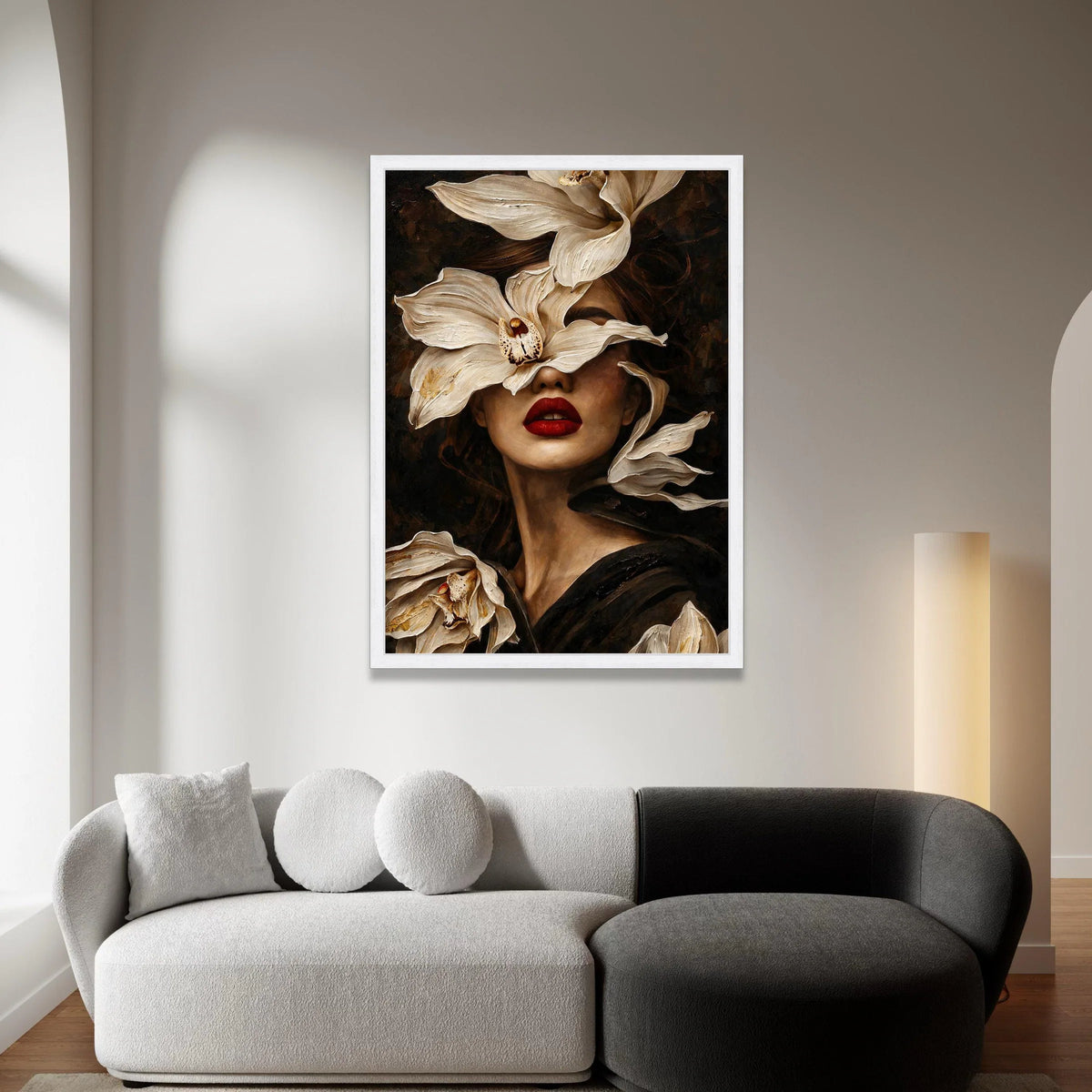 Elegant Woman Portrait Canvas, White Flowers Face Art, Red Lips Wall Decor, Botanical Feminine Canvas, Stylish Home Canvas Print Art