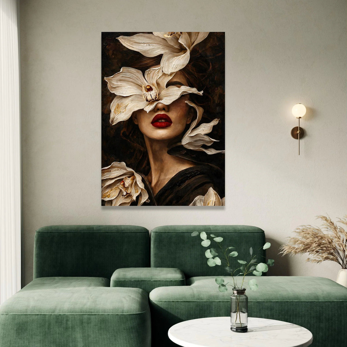 Elegant Woman Portrait Canvas, White Flowers Face Art, Red Lips Wall Decor, Botanical Feminine Canvas, Stylish Home Canvas Print Art