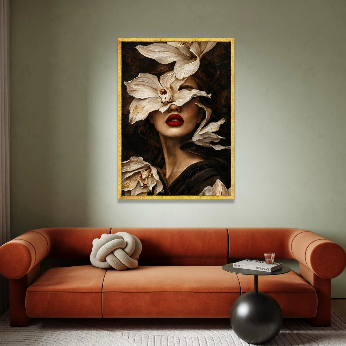 Elegant Woman Portrait Canvas, White Flowers Face Art, Red Lips Wall Decor, Botanical Feminine Canvas, Stylish Home Canvas Print Art