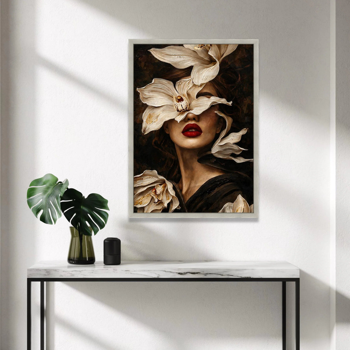 Elegant Woman Portrait Canvas, White Flowers Face Art, Red Lips Wall Decor, Botanical Feminine Canvas, Stylish Home Canvas Print Art