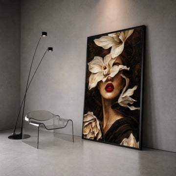 Elegant Woman Portrait Canvas, White Flowers Face Art, Red Lips Wall Decor, Botanical Feminine Canvas, Stylish Home Canvas Print Art
