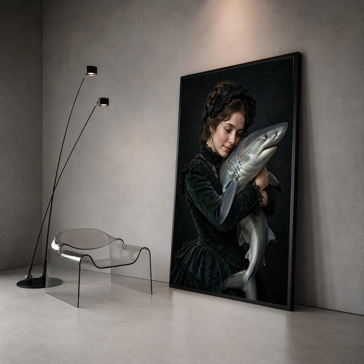 Victorian Woman Embracing Shark, Dark Romantic Canvas, Surreal Portrait Wall Art, Moody Artistic Canvas Decoration Canvas Print Art
