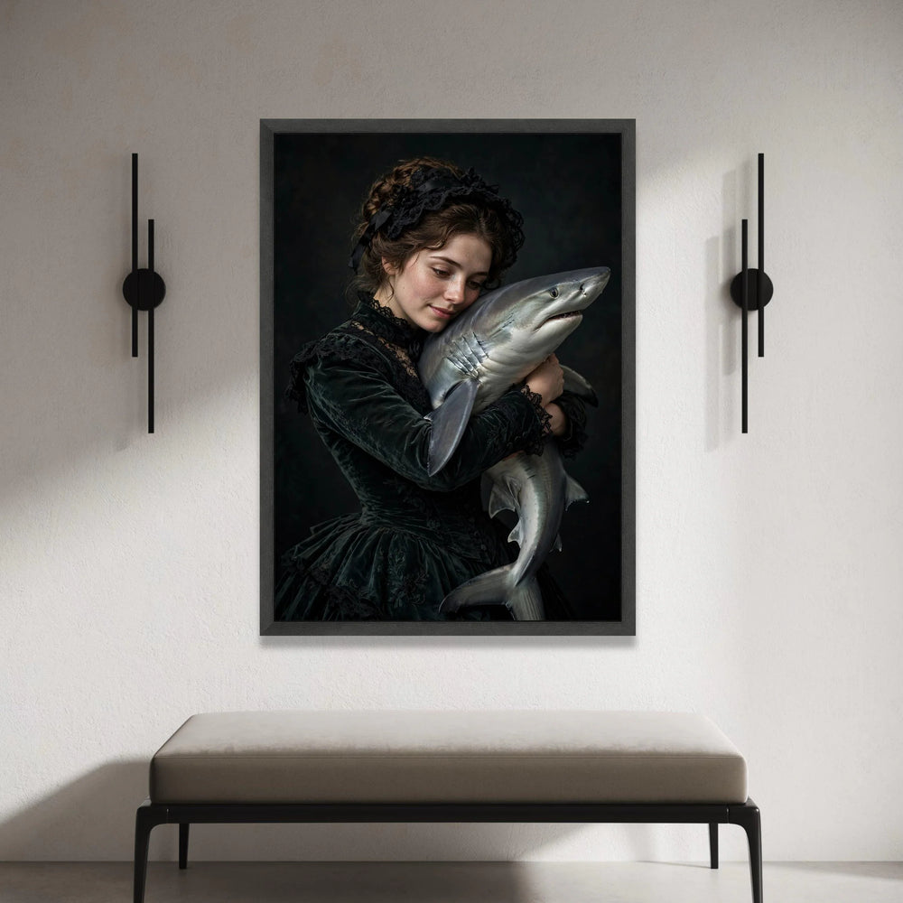 Victorian Woman Embracing Shark, Dark Romantic Canvas, Surreal Portrait Wall Art, Moody Artistic Canvas Decoration Canvas Print Art