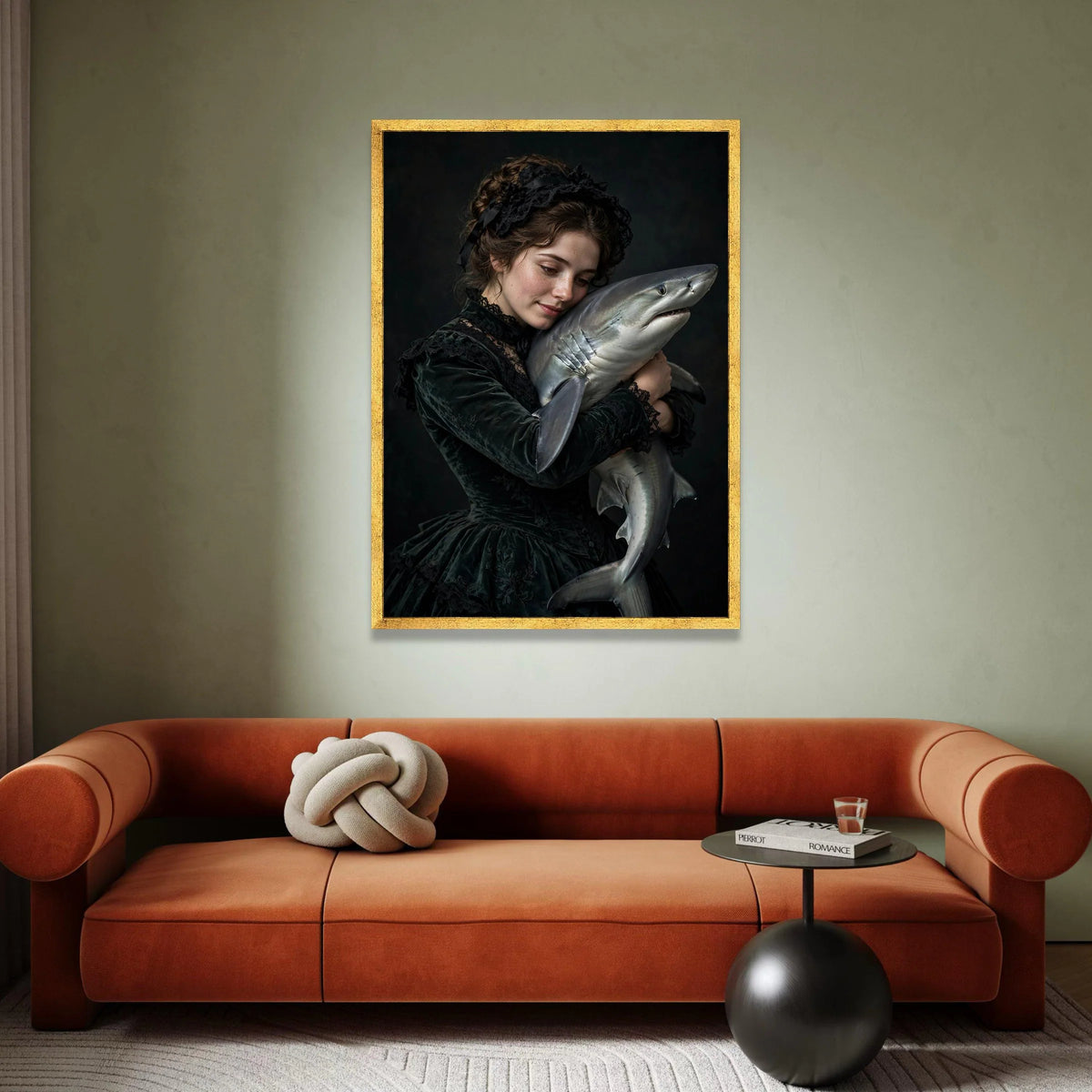 Victorian Woman Embracing Shark, Dark Romantic Canvas, Surreal Portrait Wall Art, Moody Artistic Canvas Decoration Canvas Print Art