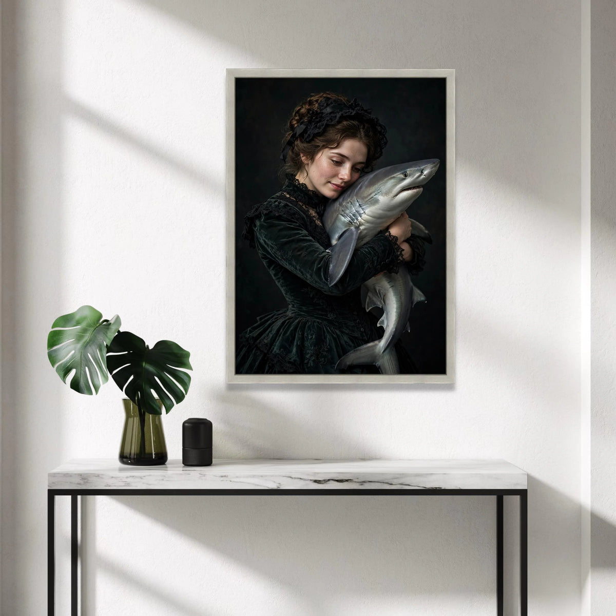 Victorian Woman Embracing Shark, Dark Romantic Canvas, Surreal Portrait Wall Art, Moody Artistic Canvas Decoration Canvas Print Art