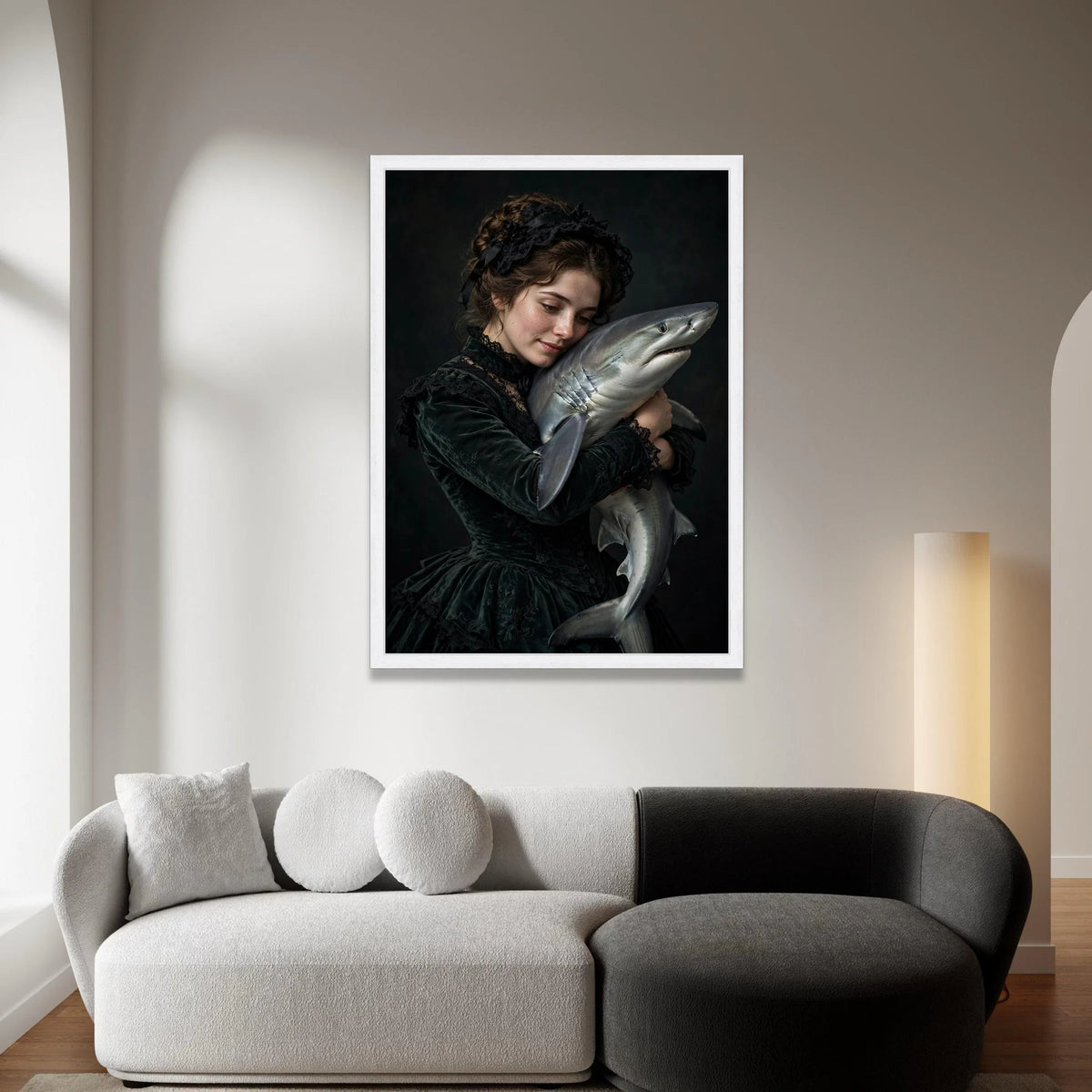 Victorian Woman Embracing Shark, Dark Romantic Canvas, Surreal Portrait Wall Art, Moody Artistic Canvas Decoration Canvas Print Art