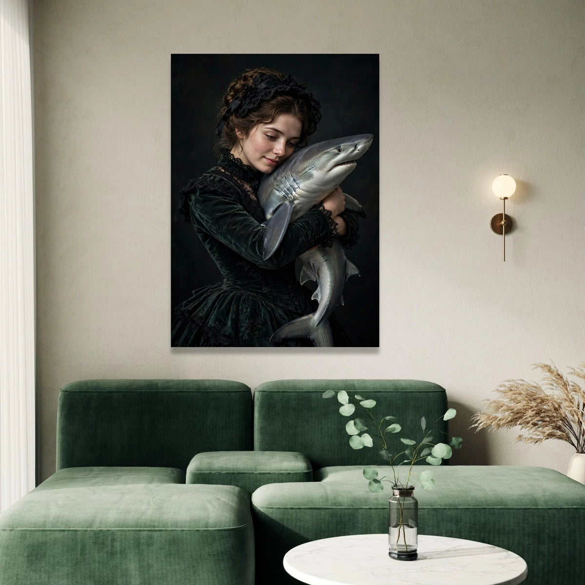 Victorian Woman Embracing Shark, Dark Romantic Canvas, Surreal Portrait Wall Art, Moody Artistic Canvas Decoration Canvas Print Art