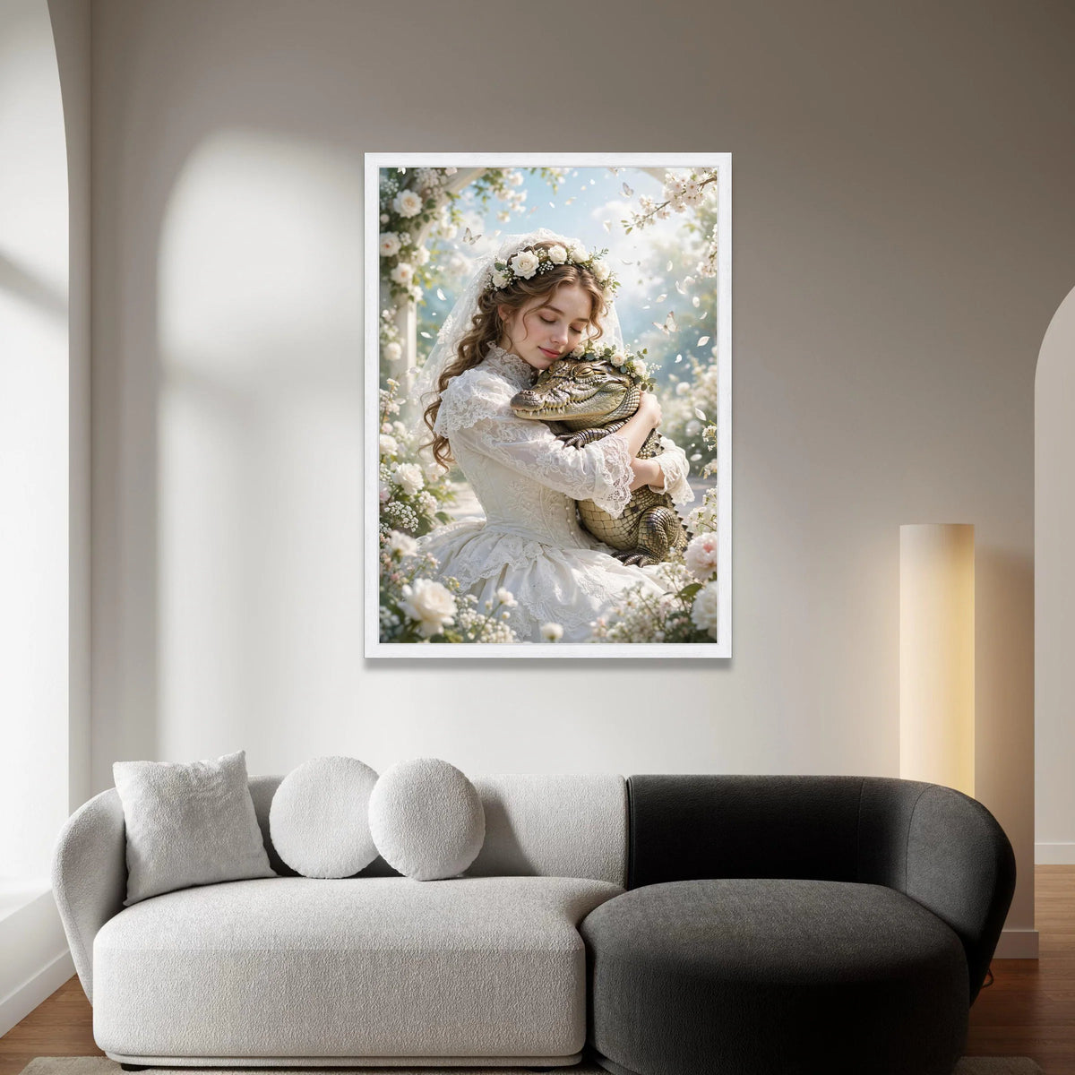 Bride Embracing Alligator, Floral Crown Canvas, Romantic Garden Scene, Whimsical Nature Wall Art, Peaceful Wildlife Canvas Canvas Print Art