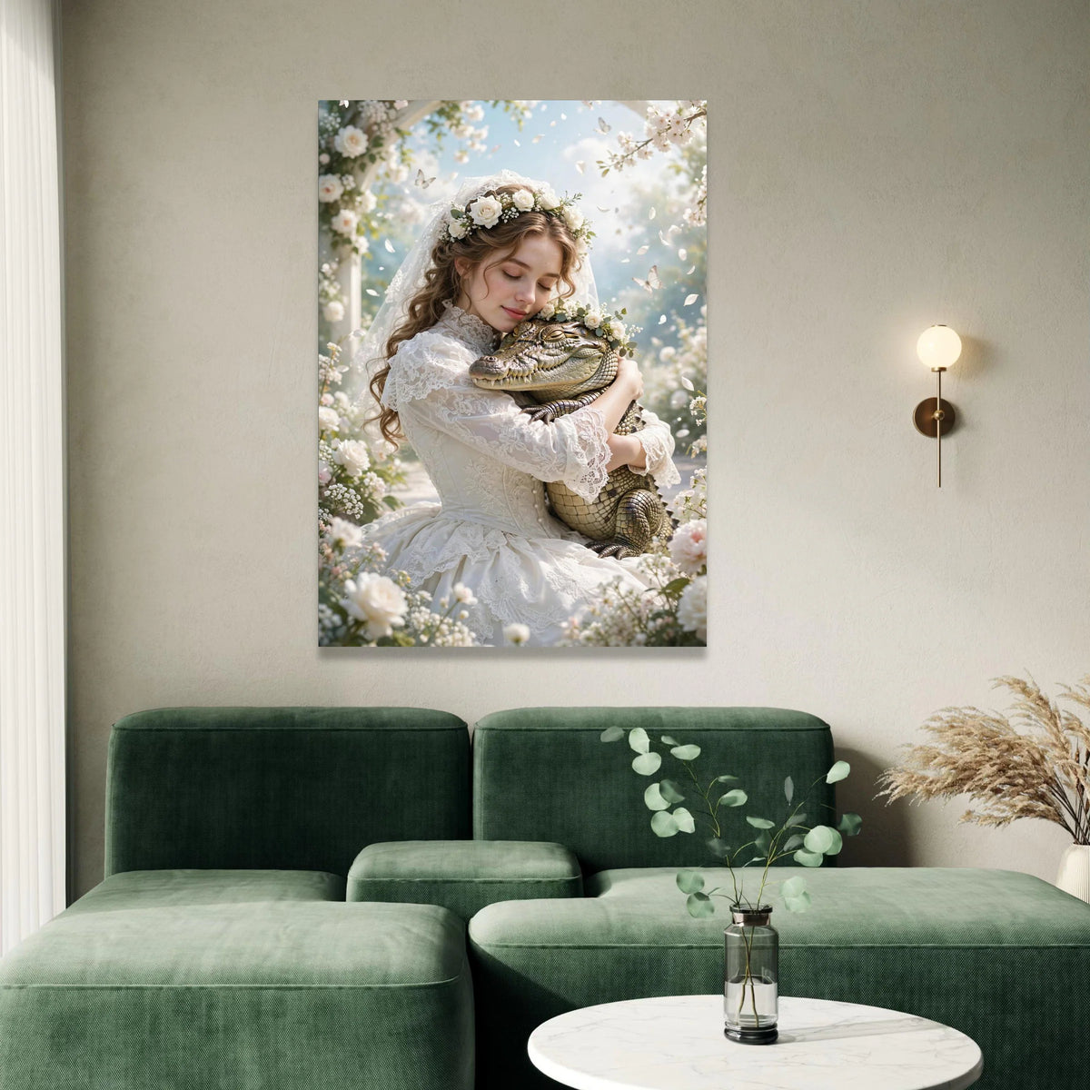 Bride Embracing Alligator, Floral Crown Canvas, Romantic Garden Scene, Whimsical Nature Wall Art, Peaceful Wildlife Canvas Canvas Print Art