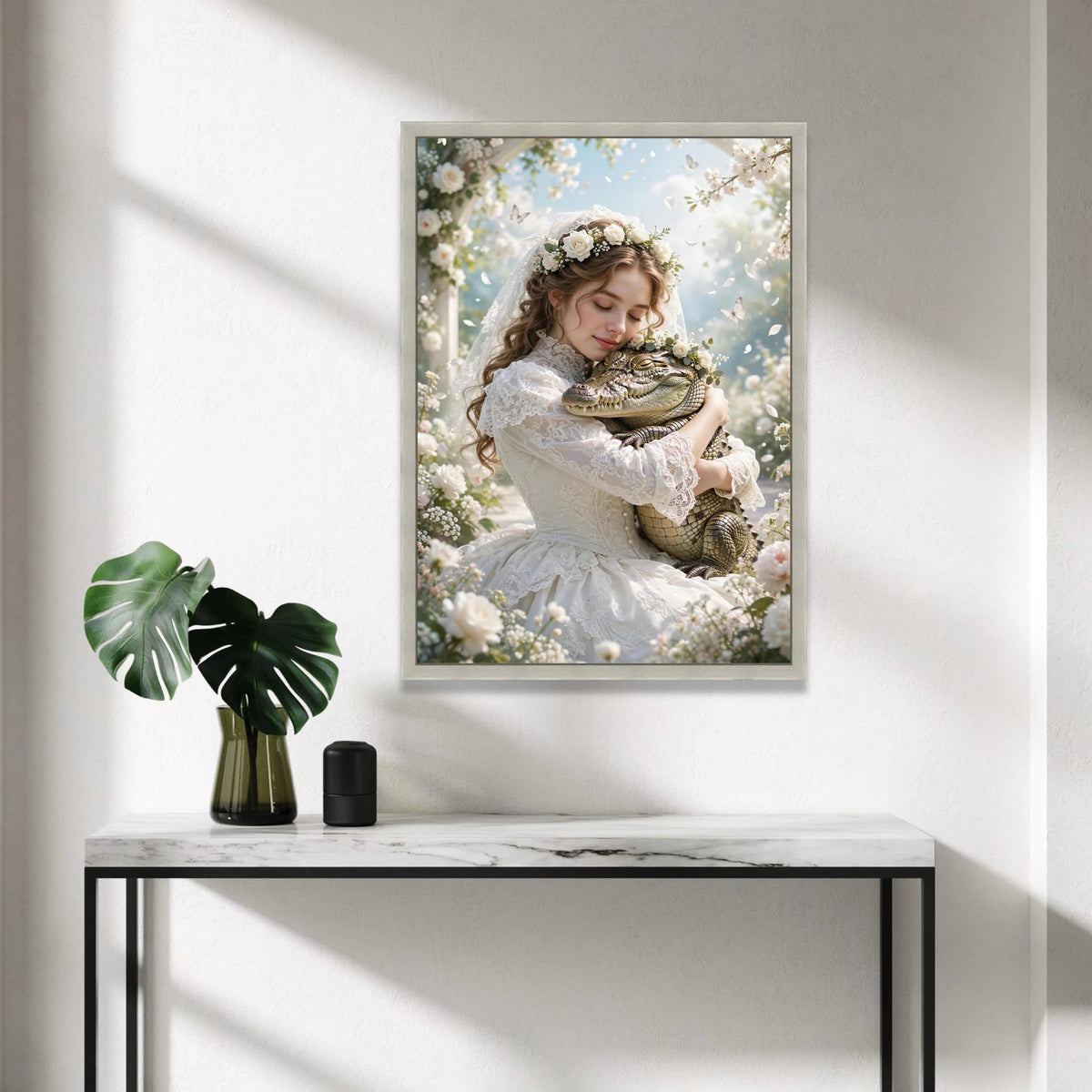 Bride Embracing Alligator, Floral Crown Canvas, Romantic Garden Scene, Whimsical Nature Wall Art, Peaceful Wildlife Canvas Canvas Print Art