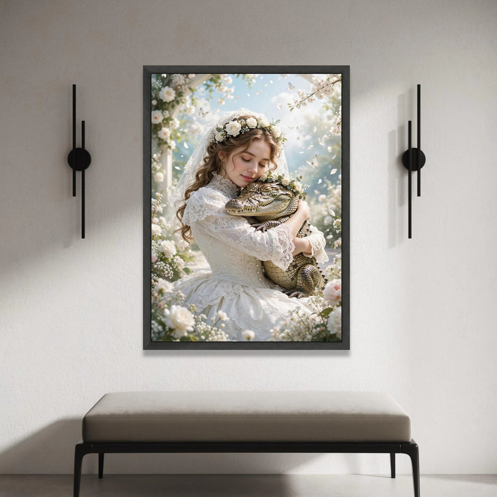 Bride Embracing Alligator, Floral Crown Canvas, Romantic Garden Scene, Whimsical Nature Wall Art, Peaceful Wildlife Canvas Canvas Print Art