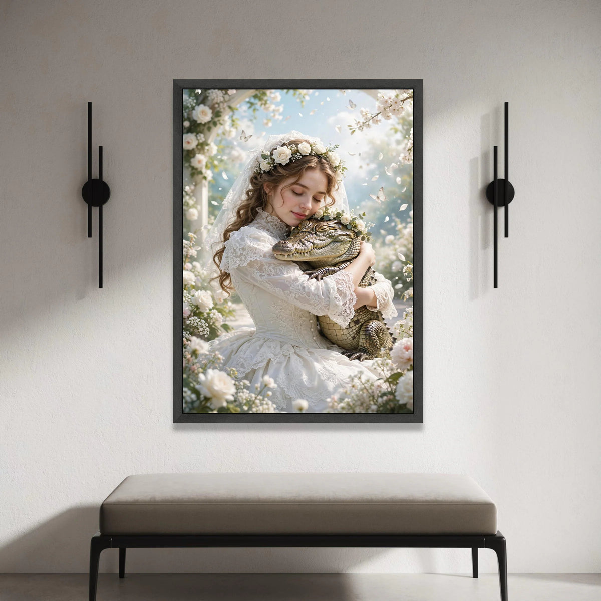 Bride Embracing Alligator, Floral Crown Canvas, Romantic Garden Scene, Whimsical Nature Wall Art, Peaceful Wildlife Canvas Canvas Print Art