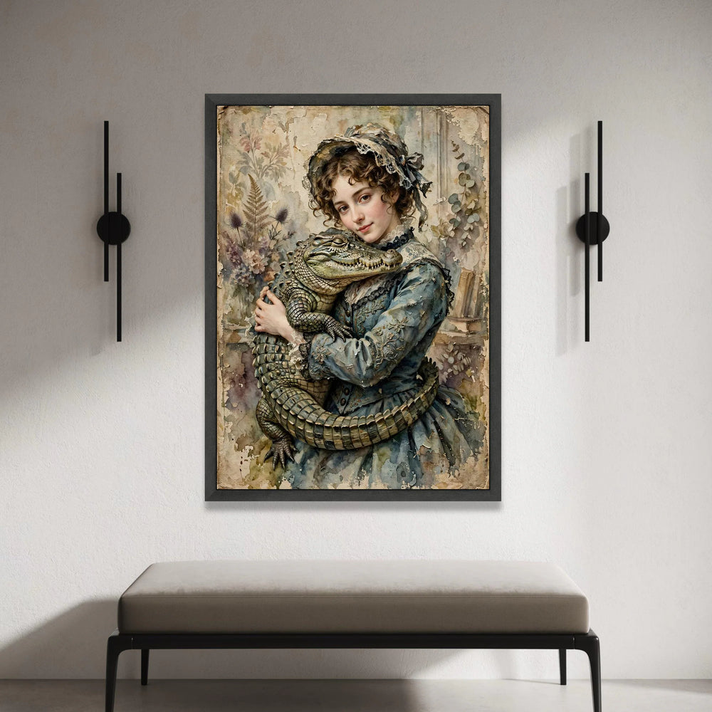 Vintage Victorian Girl with Alligator Canvas, Antique Style Portrait Wall Art, Timeless Classic Home Decoration, Elegant Canvas Print Art