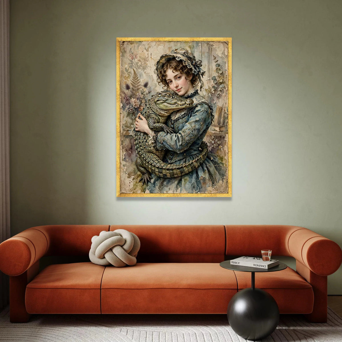Vintage Victorian Girl with Alligator Canvas, Antique Style Portrait Wall Art, Timeless Classic Home Decoration, Elegant Canvas Print Art