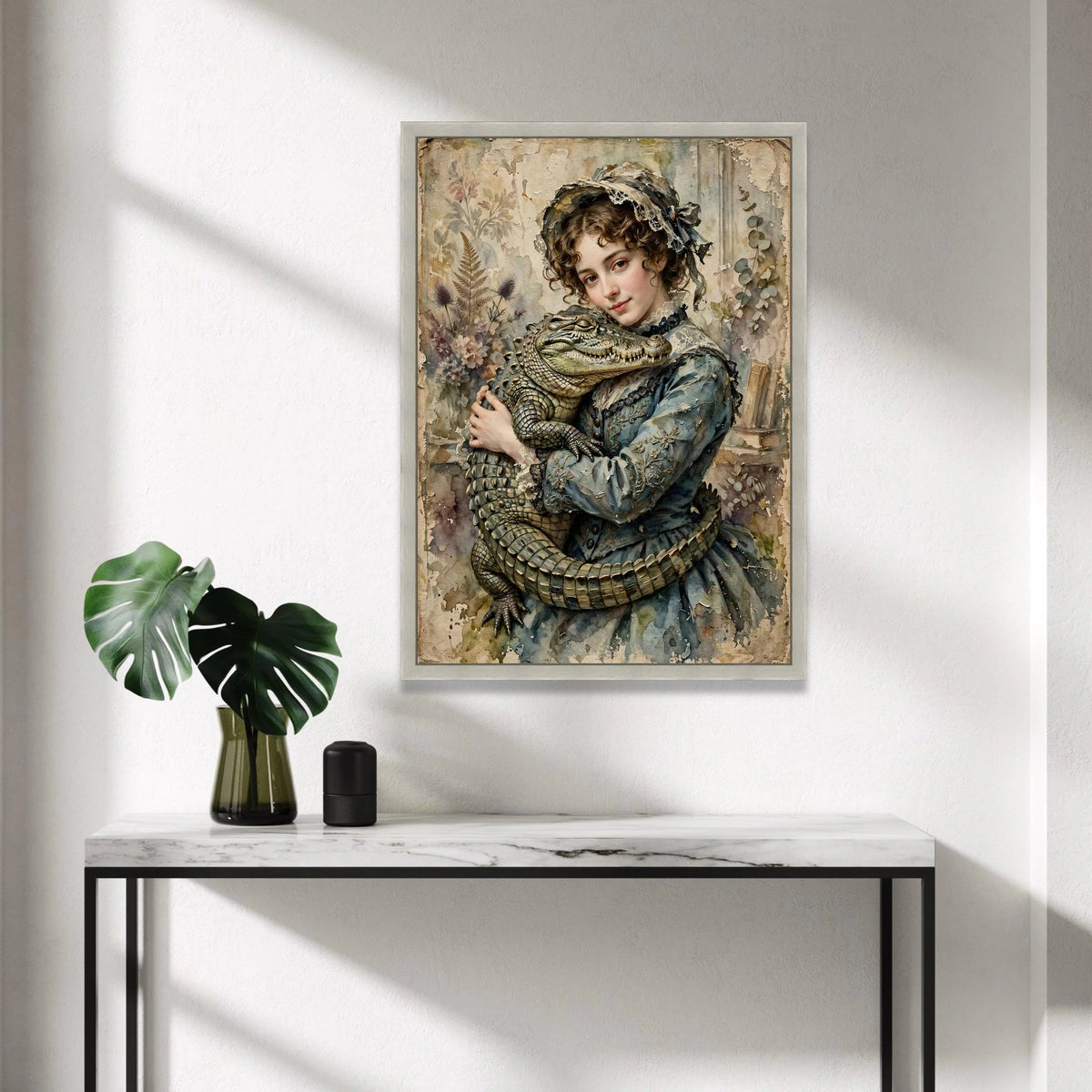 Vintage Victorian Girl with Alligator Canvas, Antique Style Portrait Wall Art, Timeless Classic Home Decoration, Elegant Canvas Print Art