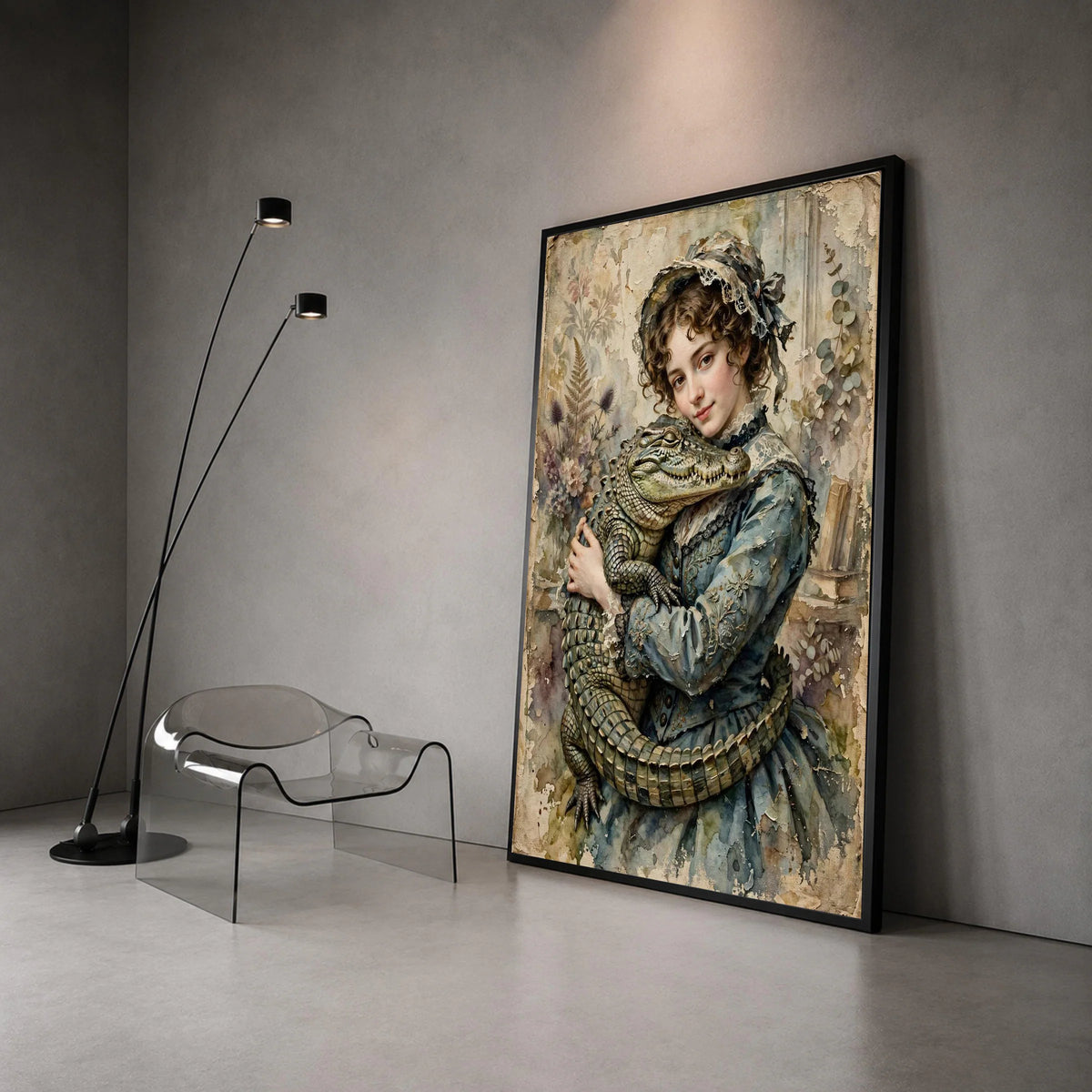 Vintage Victorian Girl with Alligator Canvas, Antique Style Portrait Wall Art, Timeless Classic Home Decoration, Elegant Canvas Print Art
