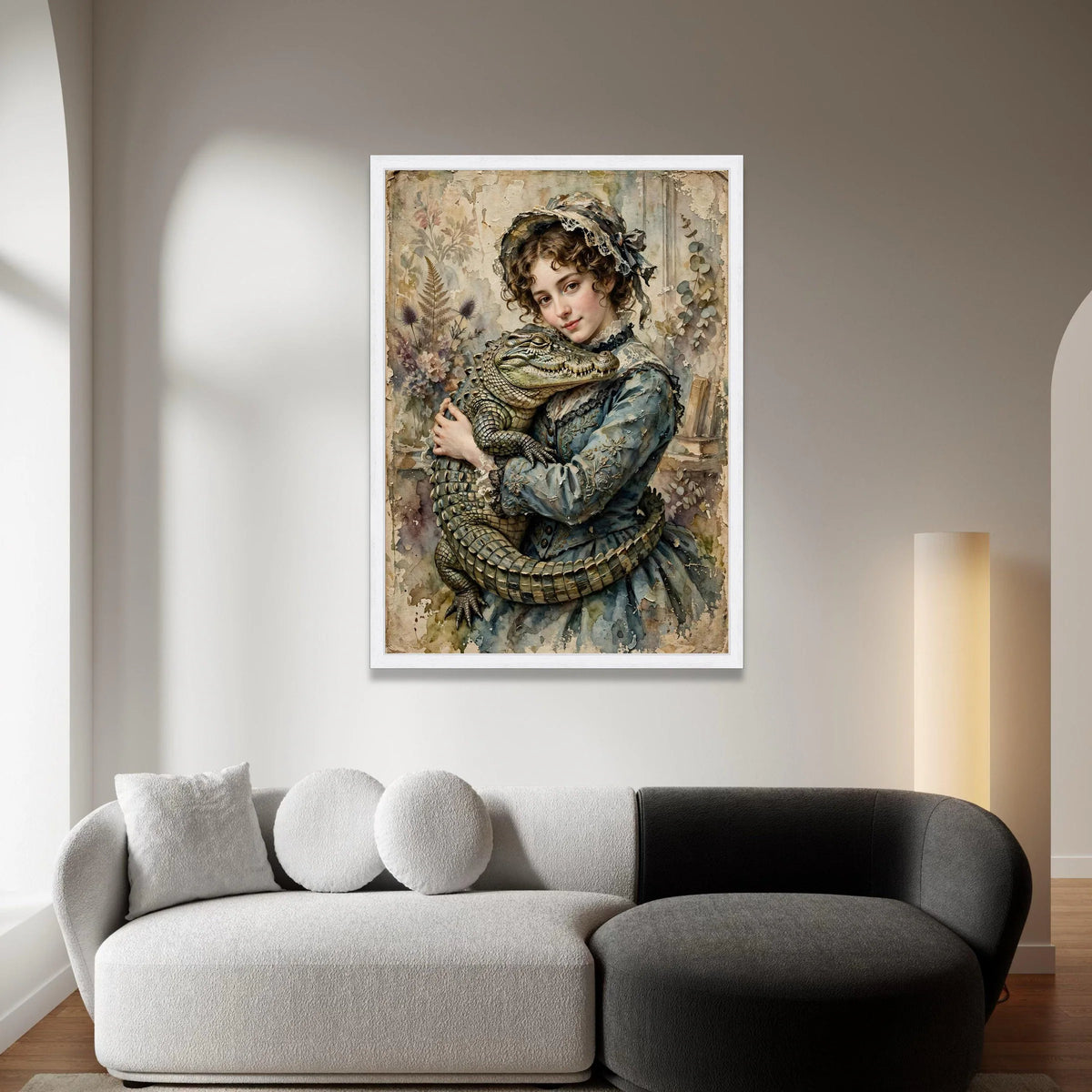 Vintage Victorian Girl with Alligator Canvas, Antique Style Portrait Wall Art, Timeless Classic Home Decoration, Elegant Canvas Print Art