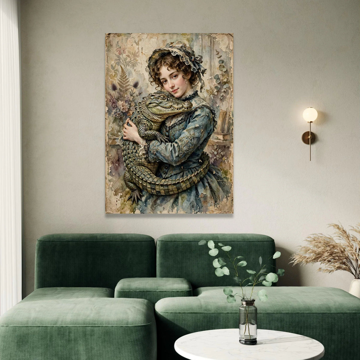 Vintage Victorian Girl with Alligator Canvas, Antique Style Portrait Wall Art, Timeless Classic Home Decoration, Elegant Canvas Print Art