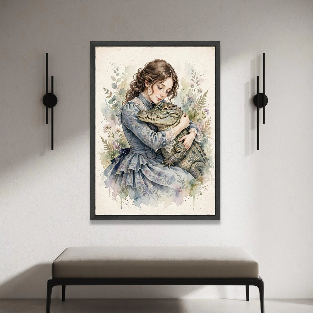 Vintage Girl Embrace, Alligator Hug Canvas, Whimsical Animal Wall Art, Soft Pastel Botanical Background, Home Decoration Canvas Print Art