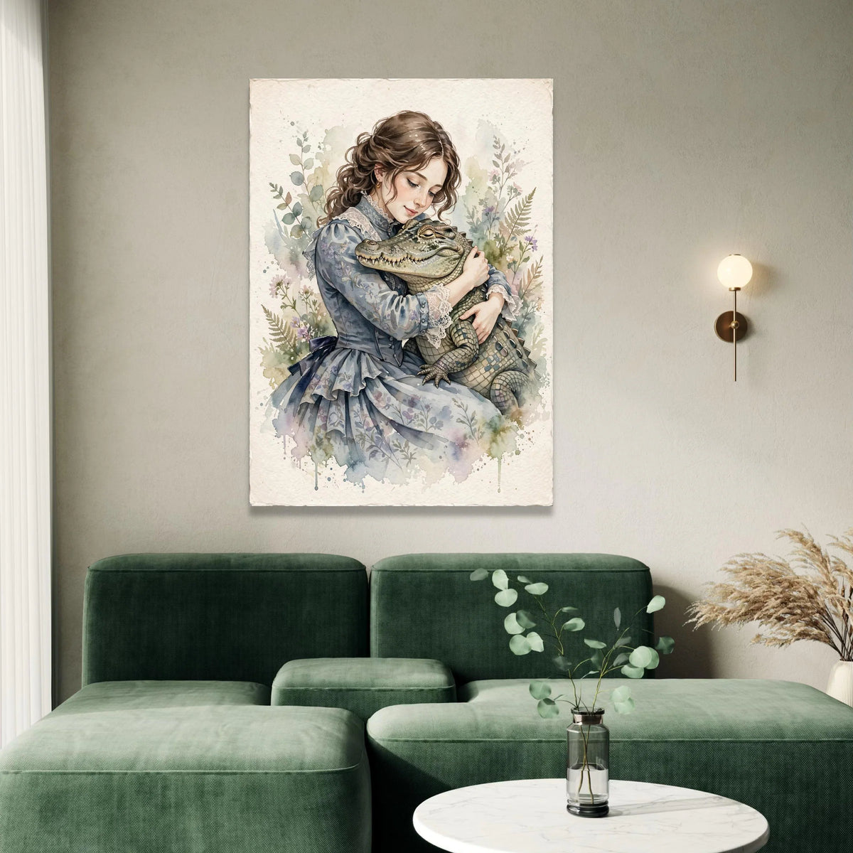 Vintage Girl Embrace, Alligator Hug Canvas, Whimsical Animal Wall Art, Soft Pastel Botanical Background, Home Decoration Canvas Print Art