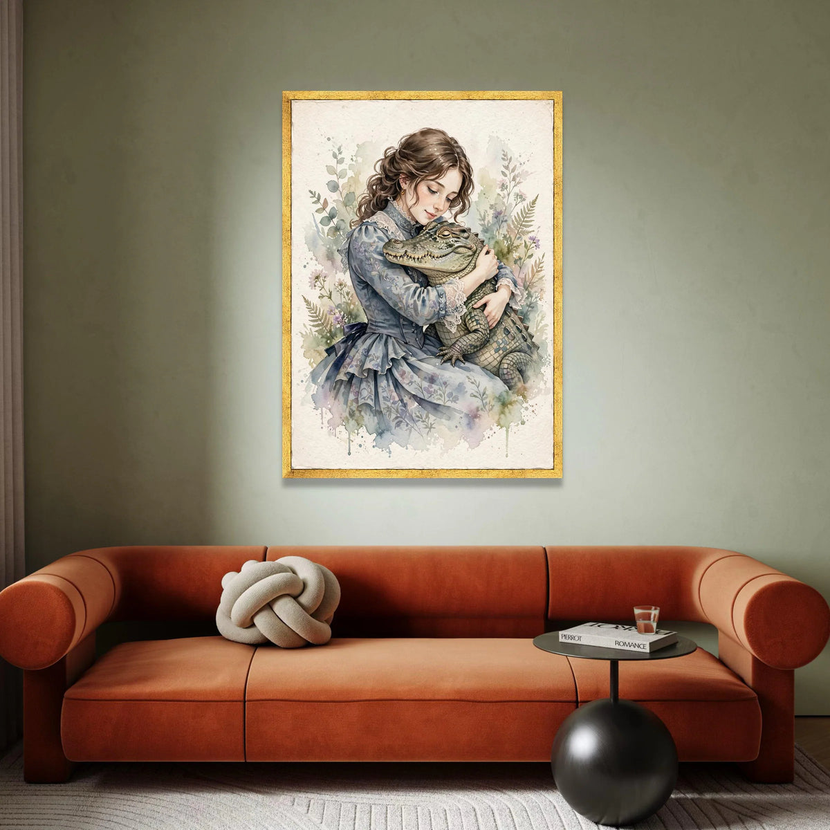 Vintage Girl Embrace, Alligator Hug Canvas, Whimsical Animal Wall Art, Soft Pastel Botanical Background, Home Decoration Canvas Print Art