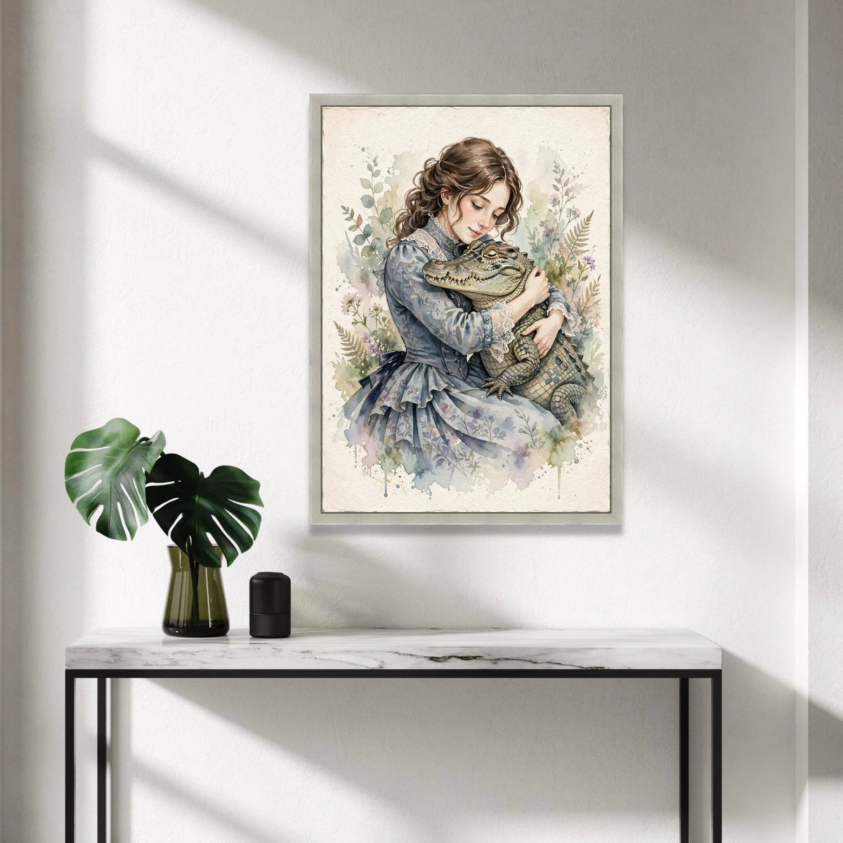 Vintage Girl Embrace, Alligator Hug Canvas, Whimsical Animal Wall Art, Soft Pastel Botanical Background, Home Decoration Canvas Print Art
