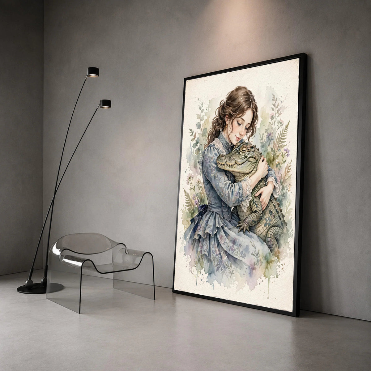 Vintage Girl Embrace, Alligator Hug Canvas, Whimsical Animal Wall Art, Soft Pastel Botanical Background, Home Decoration Canvas Print Art
