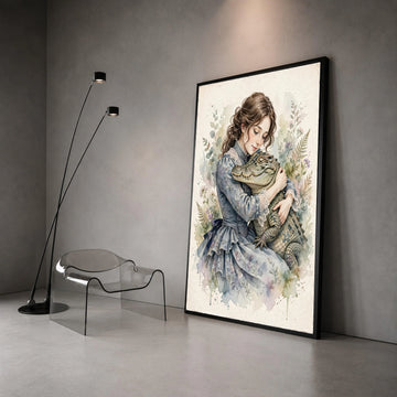 Vintage Girl Embrace, Alligator Hug Canvas, Whimsical Animal Wall Art, Soft Pastel Botanical Background, Home Decoration Canvas Print Art