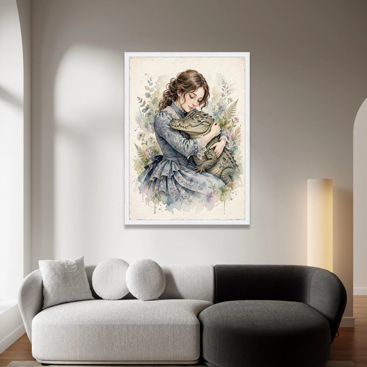 Vintage Girl Embrace, Alligator Hug Canvas, Whimsical Animal Wall Art, Soft Pastel Botanical Background, Home Decoration Canvas Print Art