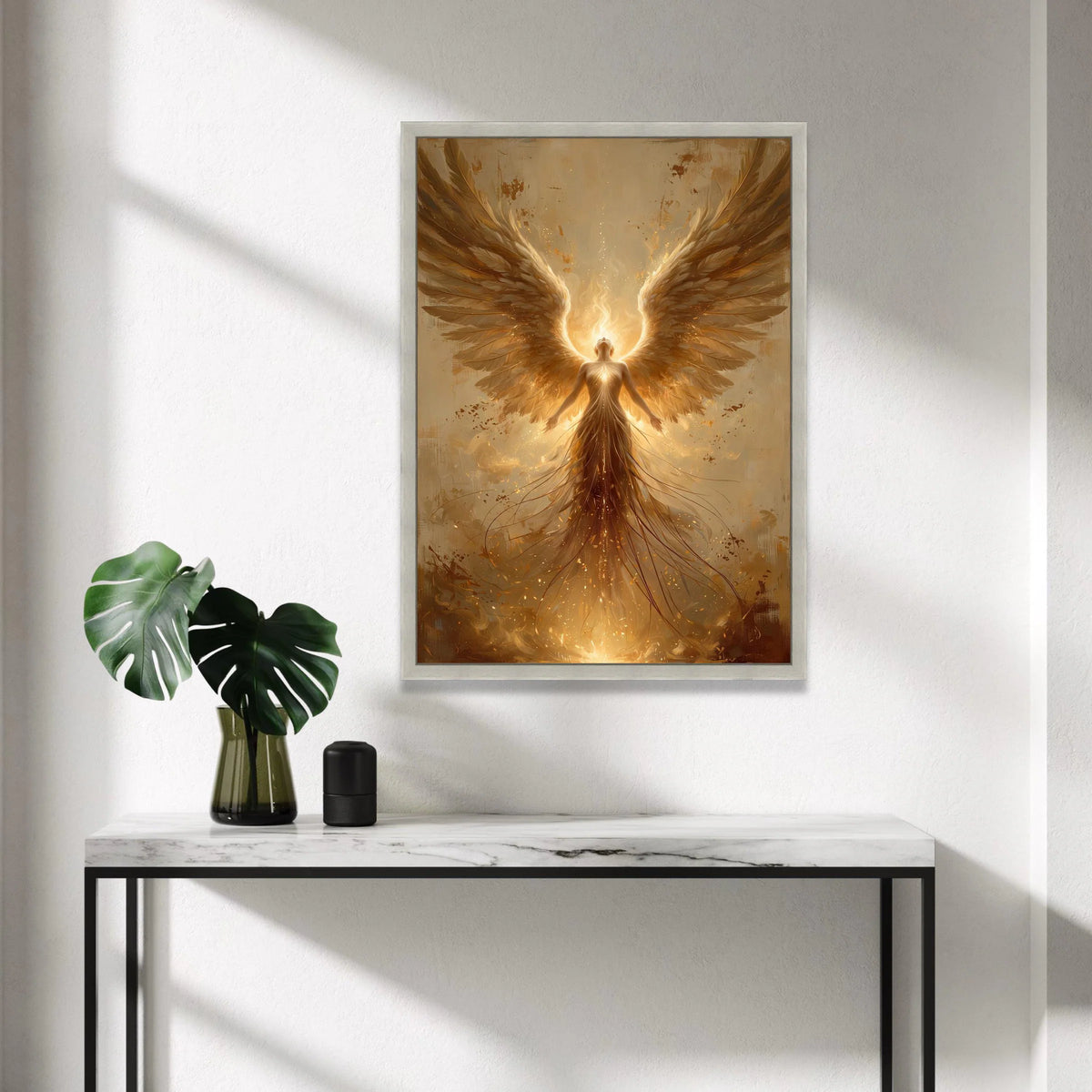Radiant Angel Wings Canvas, Spiritual Light Wall Art, Glowing Figure Canvas, Inspirational Home Decor, Ethereal Artwork Canvas Print Art