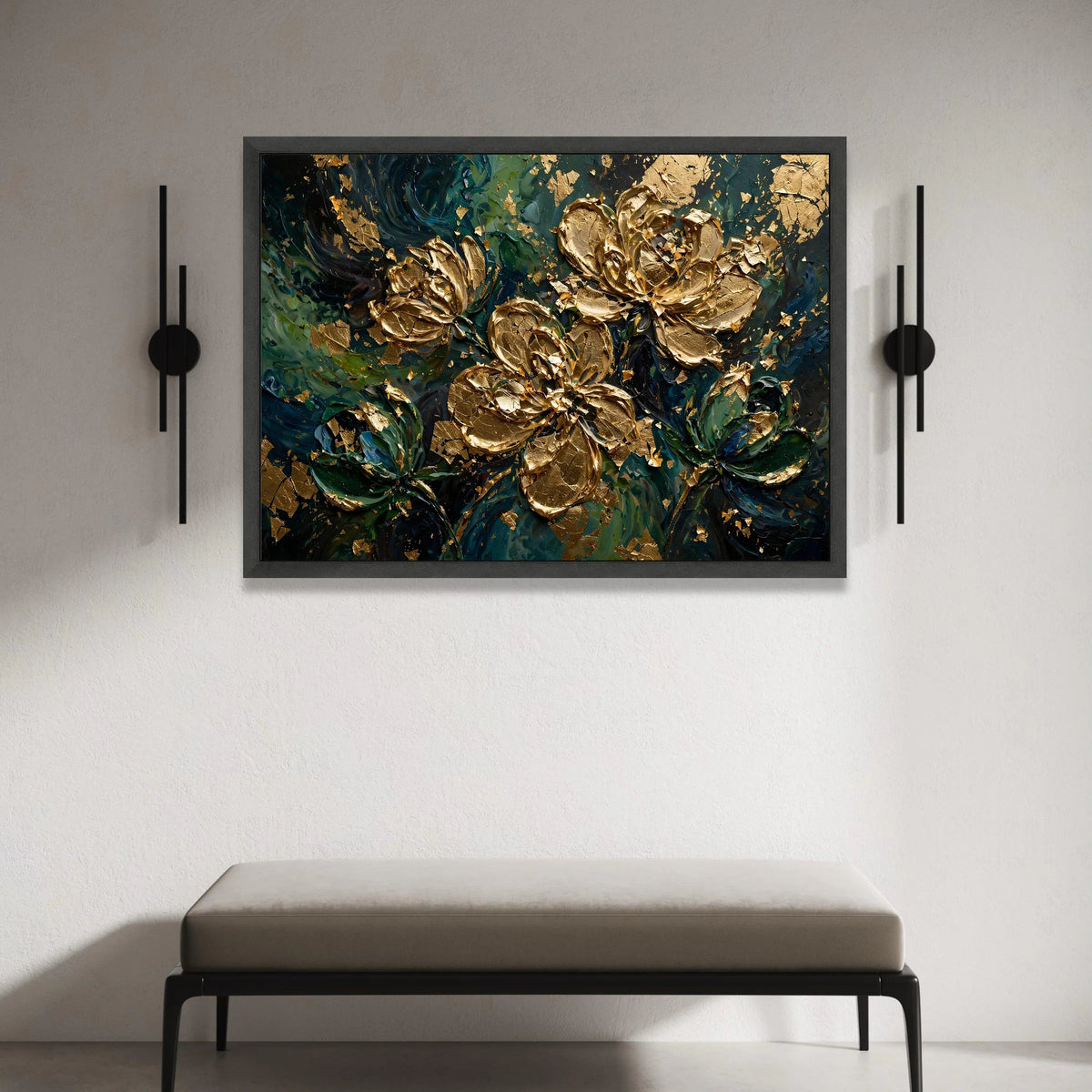 Elegant Gold Floral Canvas Wall Art, Abstract Garden Painting, Luxury Flower Decor, Green and Blue Home Decoration Canvas Print Art