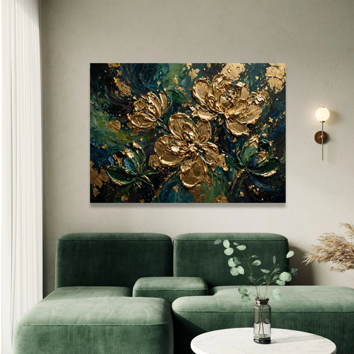 Elegant Gold Floral Canvas Wall Art, Abstract Garden Painting, Luxury Flower Decor, Green and Blue Home Decoration Canvas Print Art