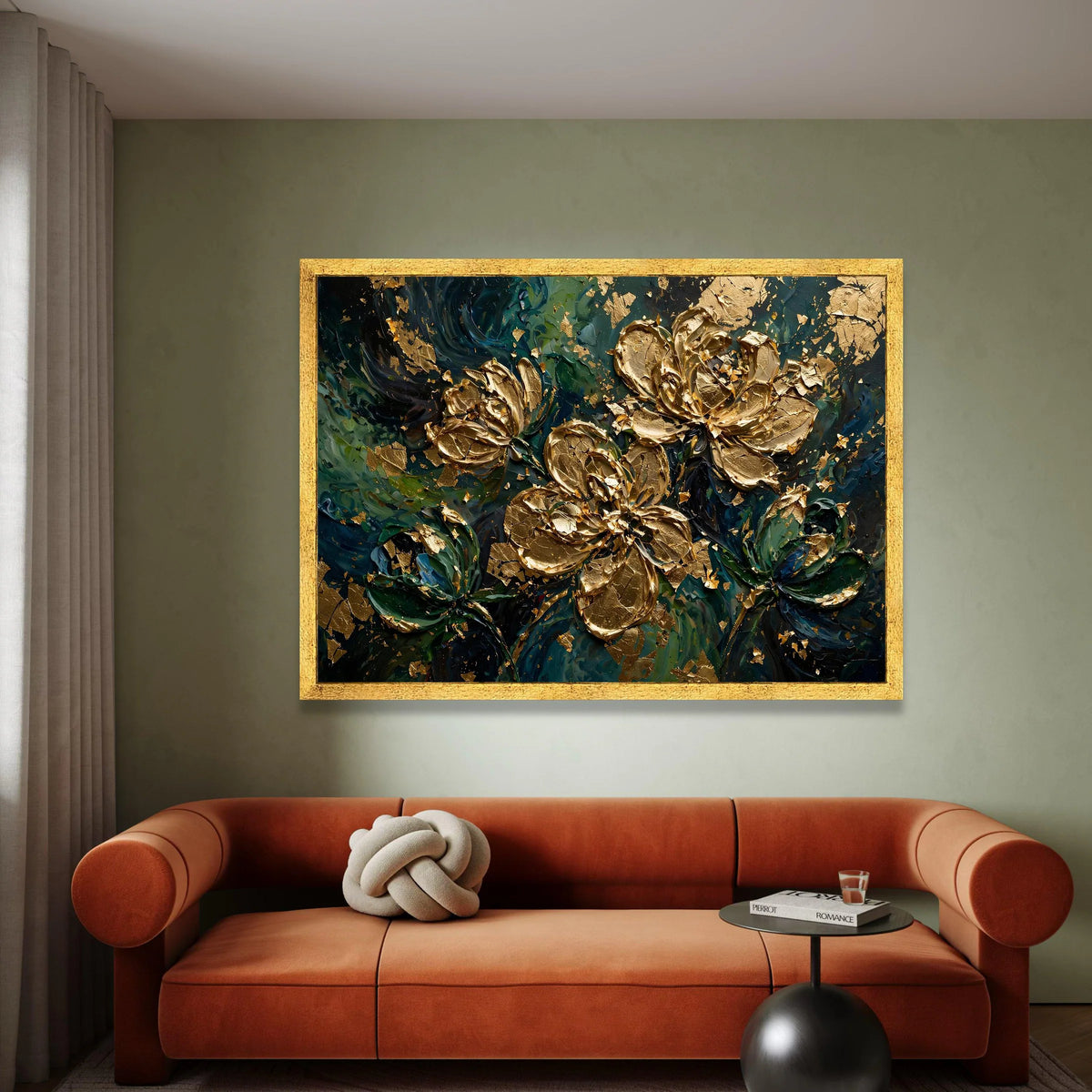 Elegant Gold Floral Canvas Wall Art, Abstract Garden Painting, Luxury Flower Decor, Green and Blue Home Decoration Canvas Print Art
