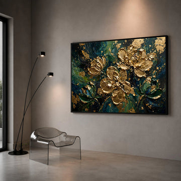 Elegant Gold Floral Canvas Wall Art, Abstract Garden Painting, Luxury Flower Decor, Green and Blue Home Decoration Canvas Print Art