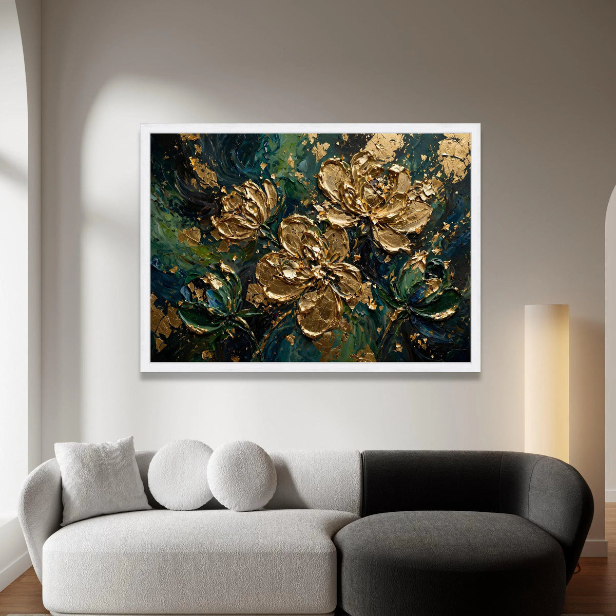 Elegant Gold Floral Canvas Wall Art, Abstract Garden Painting, Luxury Flower Decor, Green and Blue Home Decoration Canvas Print Art