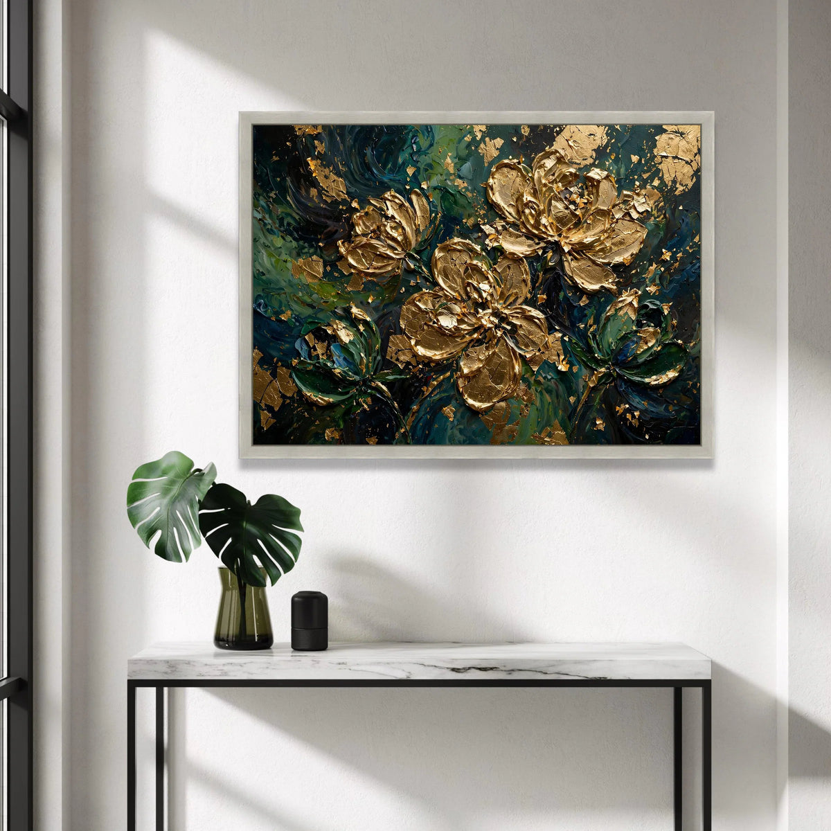Elegant Gold Floral Canvas Wall Art, Abstract Garden Painting, Luxury Flower Decor, Green and Blue Home Decoration Canvas Print Art