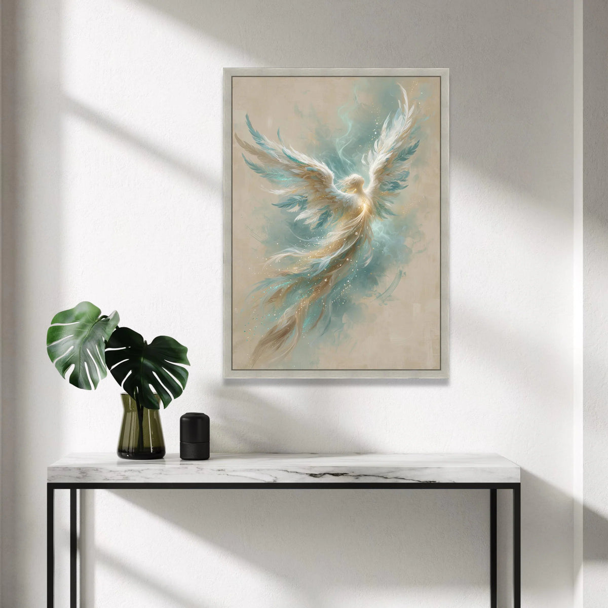 Ethereal Angel Wings Canvas Wall Art, Heavenly Feathered Figure, Spiritual Light Painting, Inspirational Home Decor, Canvas Print Art