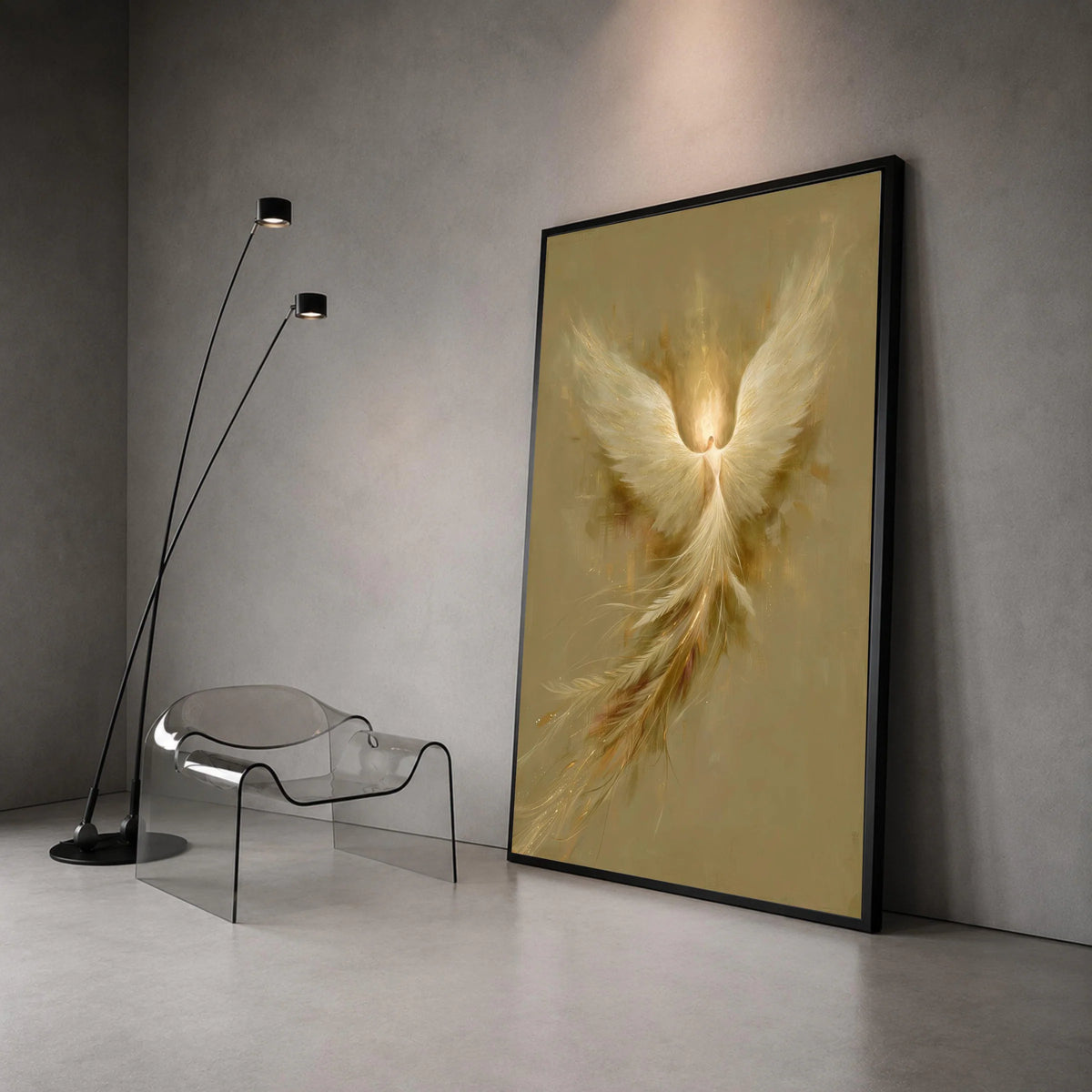 Radiant Phoenix Rising Canvas, Angel Wings Wall Art, Spiritual Home Decoration, Golden Feather Artwork, Mystical Bird Canvas Print Art