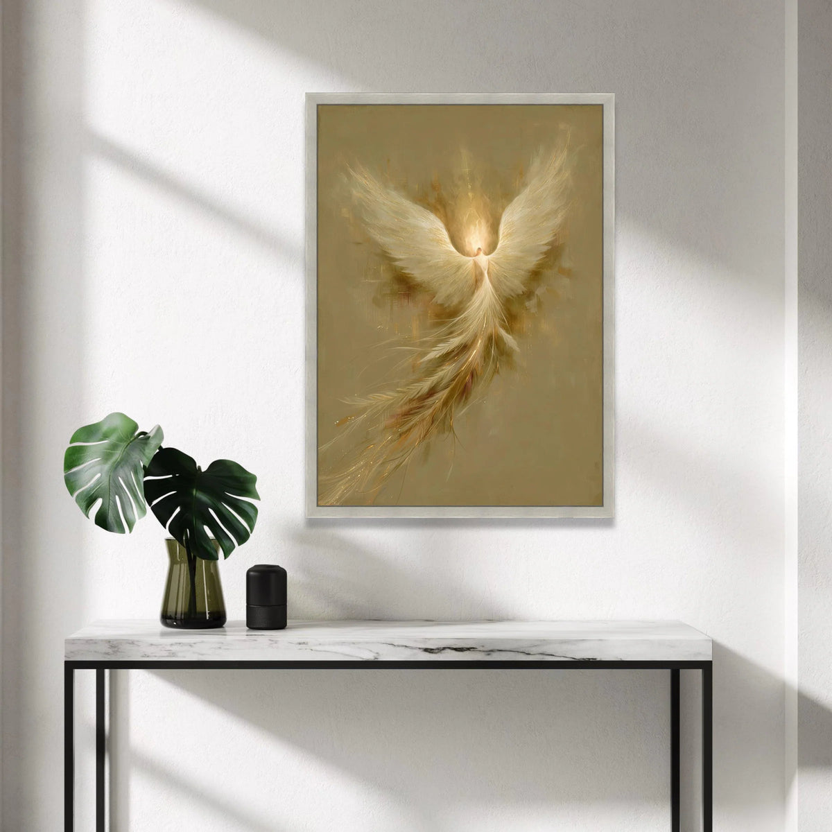 Radiant Phoenix Rising Canvas, Angel Wings Wall Art, Spiritual Home Decoration, Golden Feather Artwork, Mystical Bird Canvas Print Art