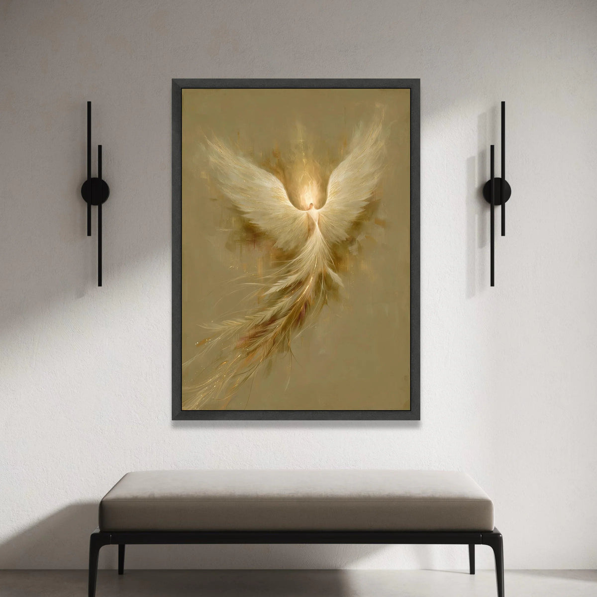 Radiant Phoenix Rising Canvas, Angel Wings Wall Art, Spiritual Home Decoration, Golden Feather Artwork, Mystical Bird Canvas Print Art