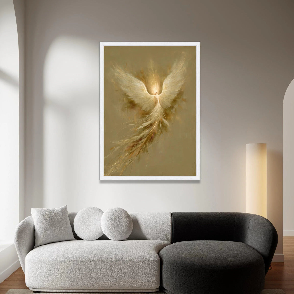 Radiant Phoenix Rising Canvas, Angel Wings Wall Art, Spiritual Home Decoration, Golden Feather Artwork, Mystical Bird Canvas Print Art