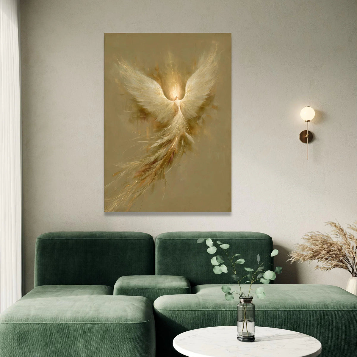 Radiant Phoenix Rising Canvas, Angel Wings Wall Art, Spiritual Home Decoration, Golden Feather Artwork, Mystical Bird Canvas Print Art