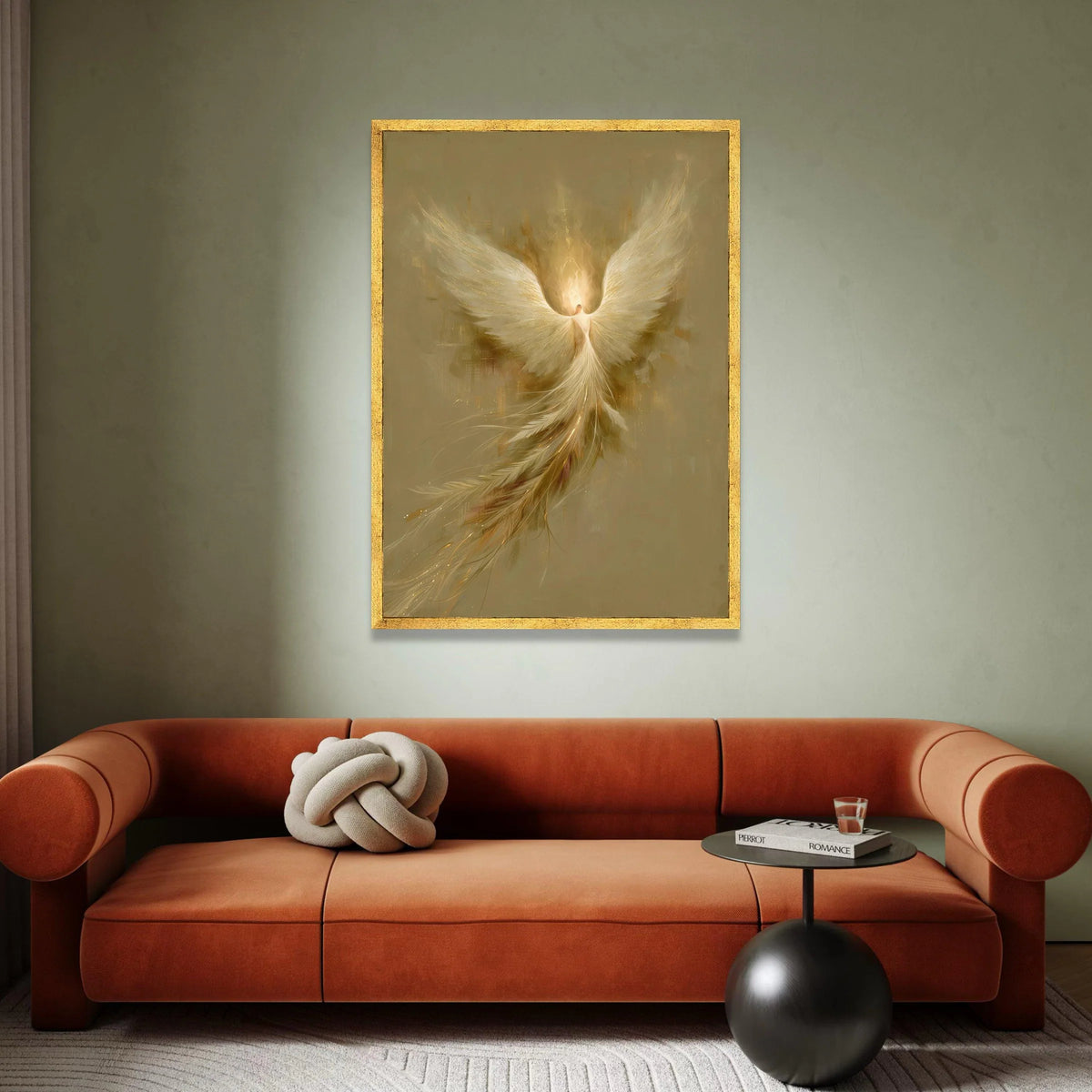 Radiant Phoenix Rising Canvas, Angel Wings Wall Art, Spiritual Home Decoration, Golden Feather Artwork, Mystical Bird Canvas Print Art