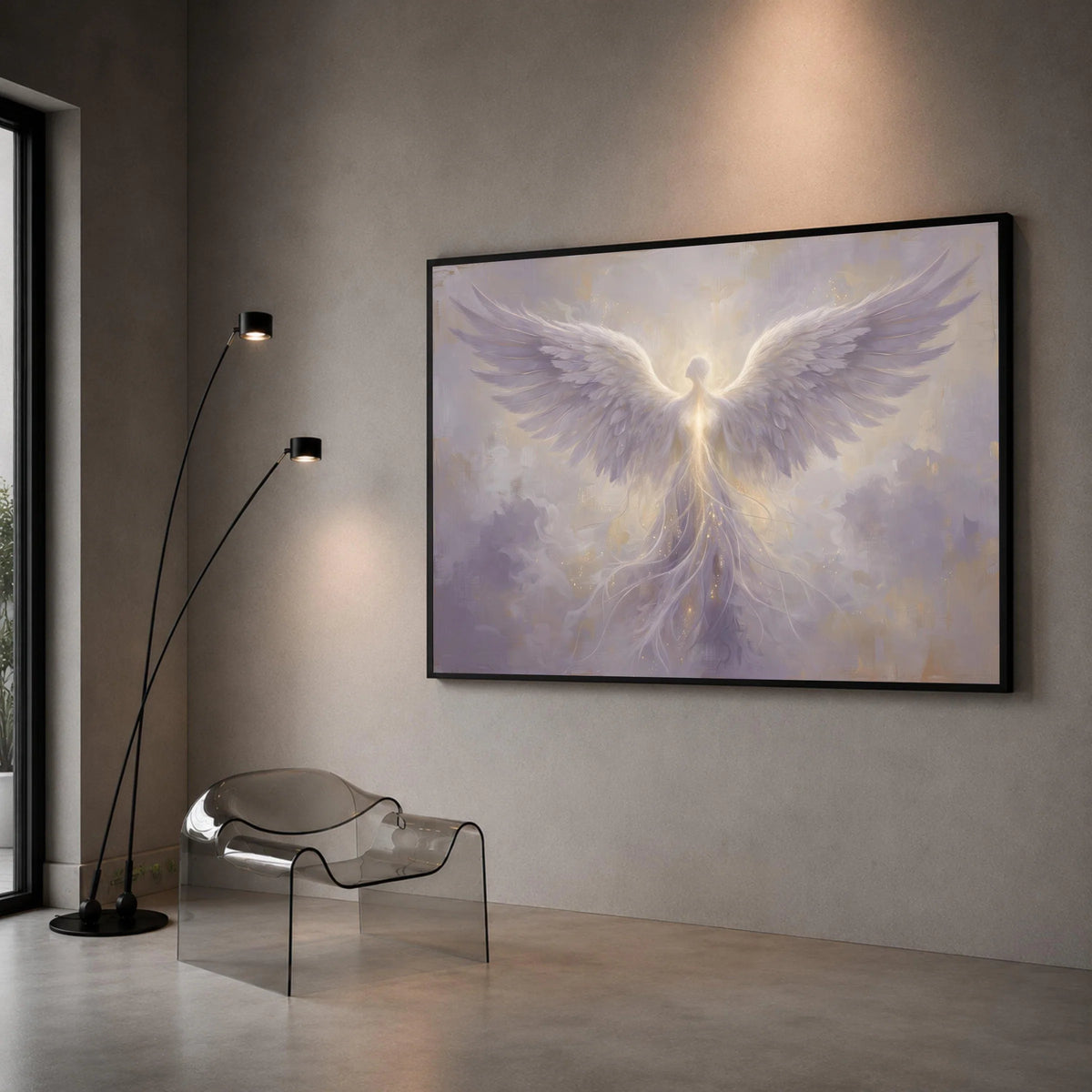 Radiant Angel Wings Canvas Wall Art, Ethereal Spiritual Figure, Heavenly Light Artwork, Mystical Decor for Living Room, Canvas Print Art