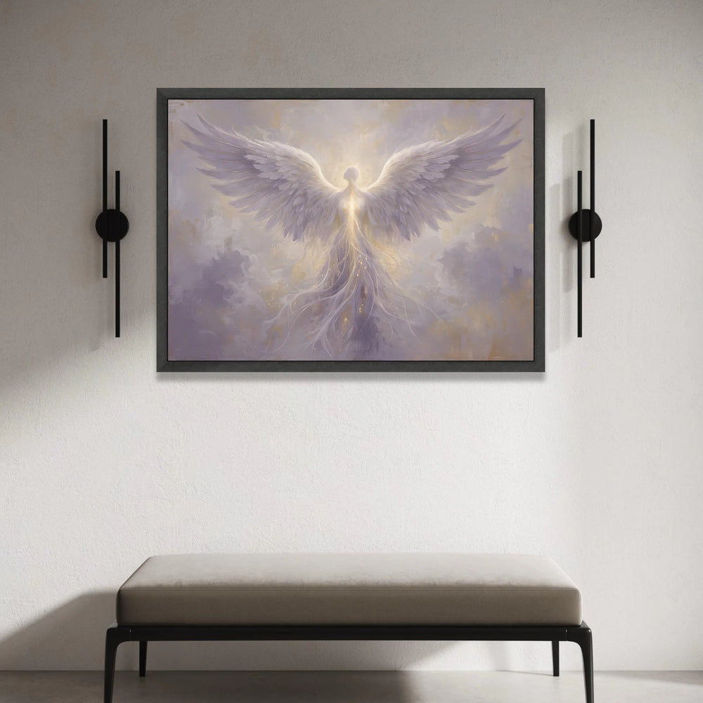 Radiant Angel Wings Canvas Wall Art, Ethereal Spiritual Figure, Heavenly Light Artwork, Mystical Decor for Living Room, Canvas Print Art