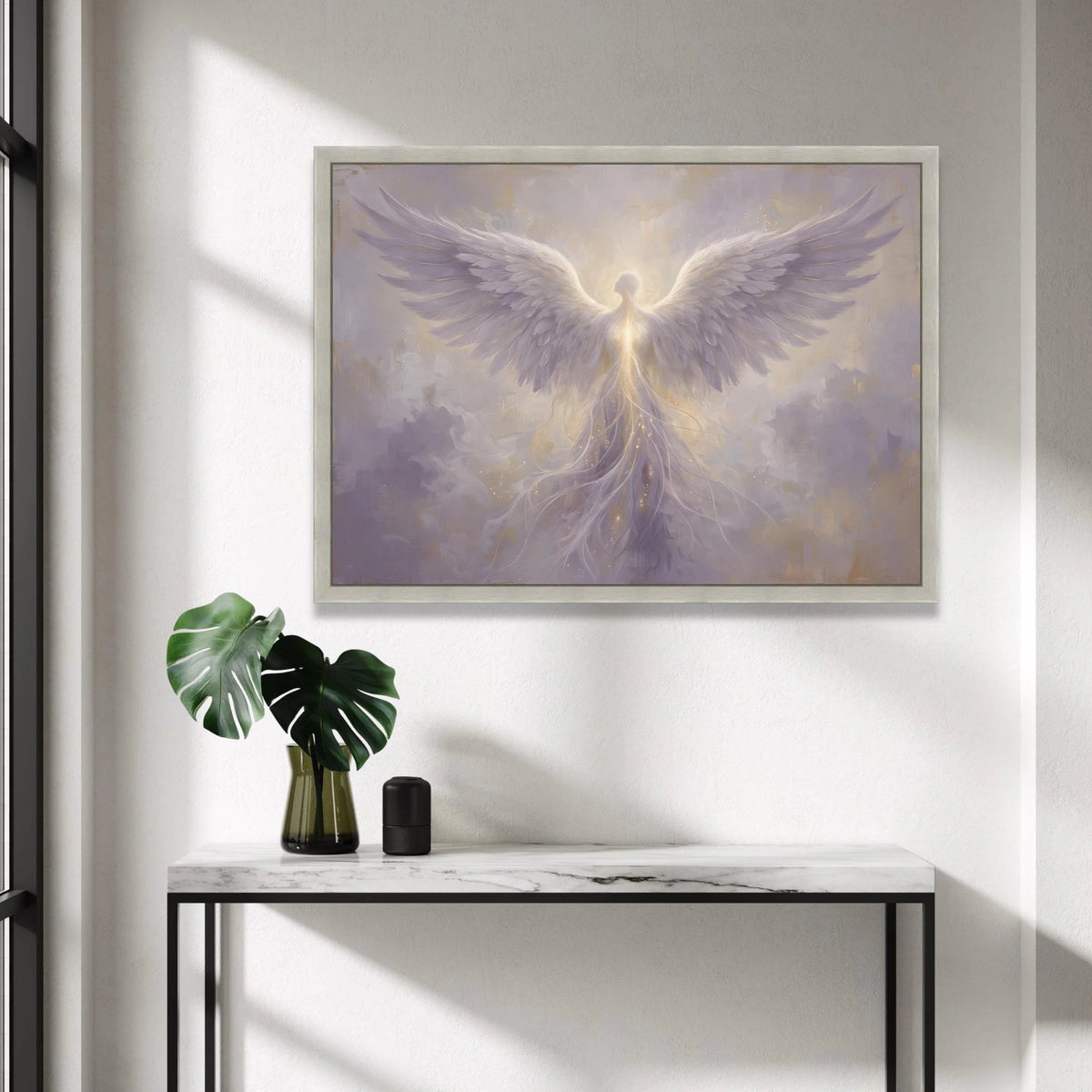 Radiant Angel Wings Canvas Wall Art, Ethereal Spiritual Figure, Heavenly Light Artwork, Mystical Decor for Living Room, Canvas Print Art
