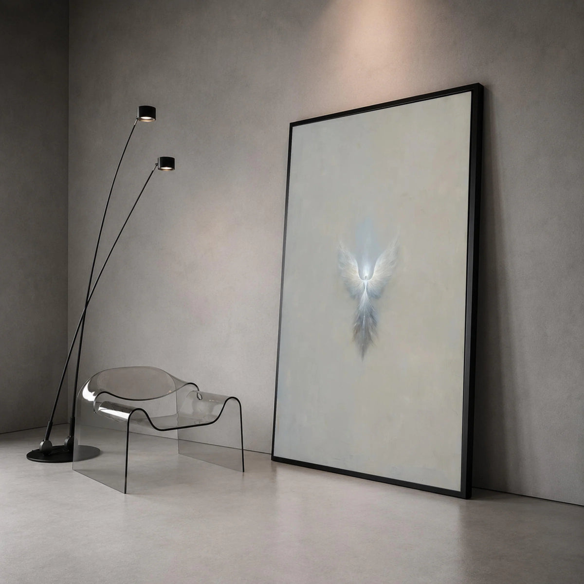 Ethereal Angel Wings Canvas, Minimalist Spiritual Wall Art, Soft Grey Abstract Canvas, Divine Light Home Decoration Canvas Print Art