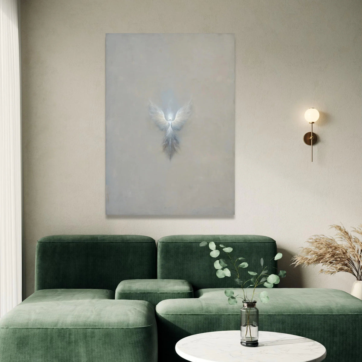 Ethereal Angel Wings Canvas, Minimalist Spiritual Wall Art, Soft Grey Abstract Canvas, Divine Light Home Decoration Canvas Print Art
