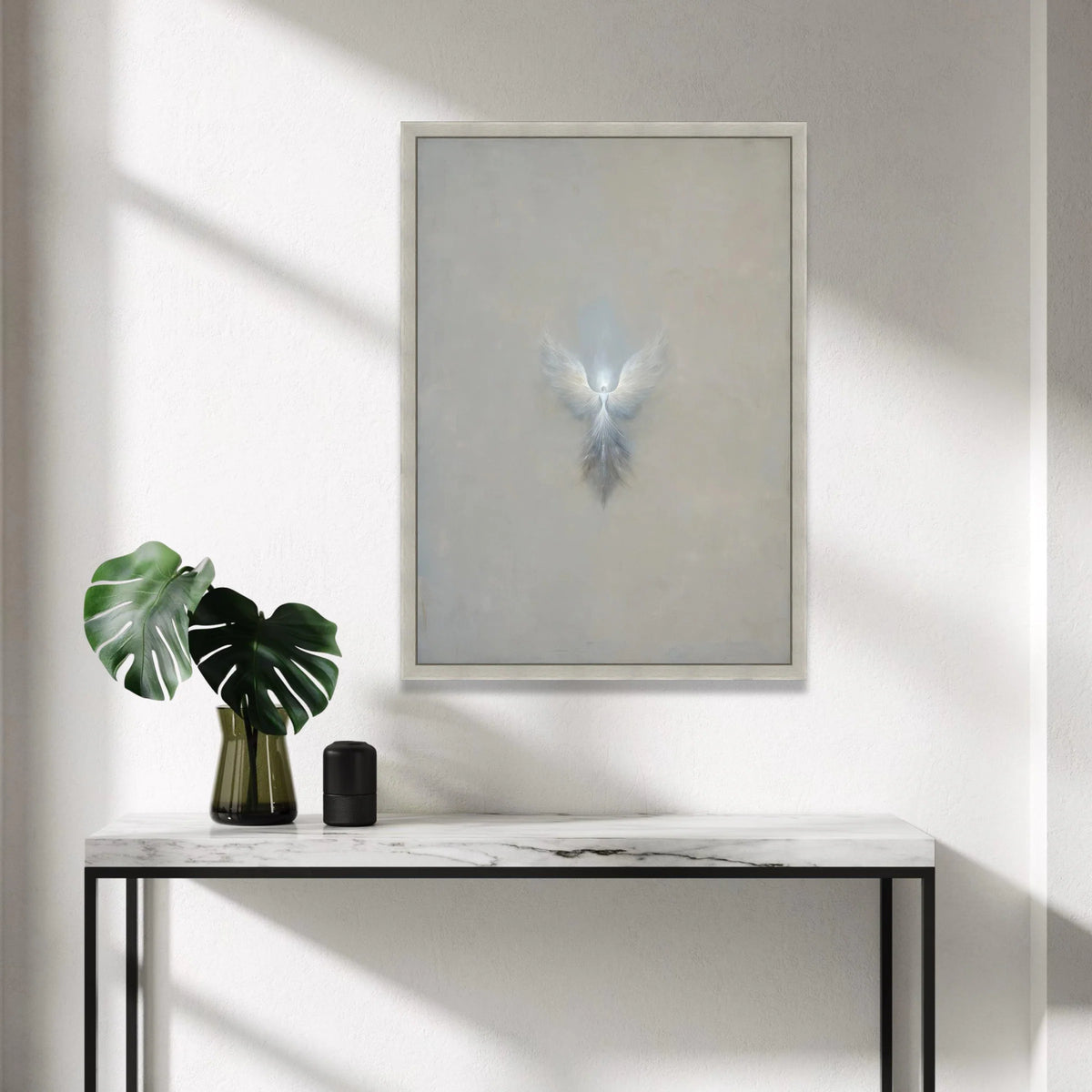 Ethereal Angel Wings Canvas, Minimalist Spiritual Wall Art, Soft Grey Abstract Canvas, Divine Light Home Decoration Canvas Print Art