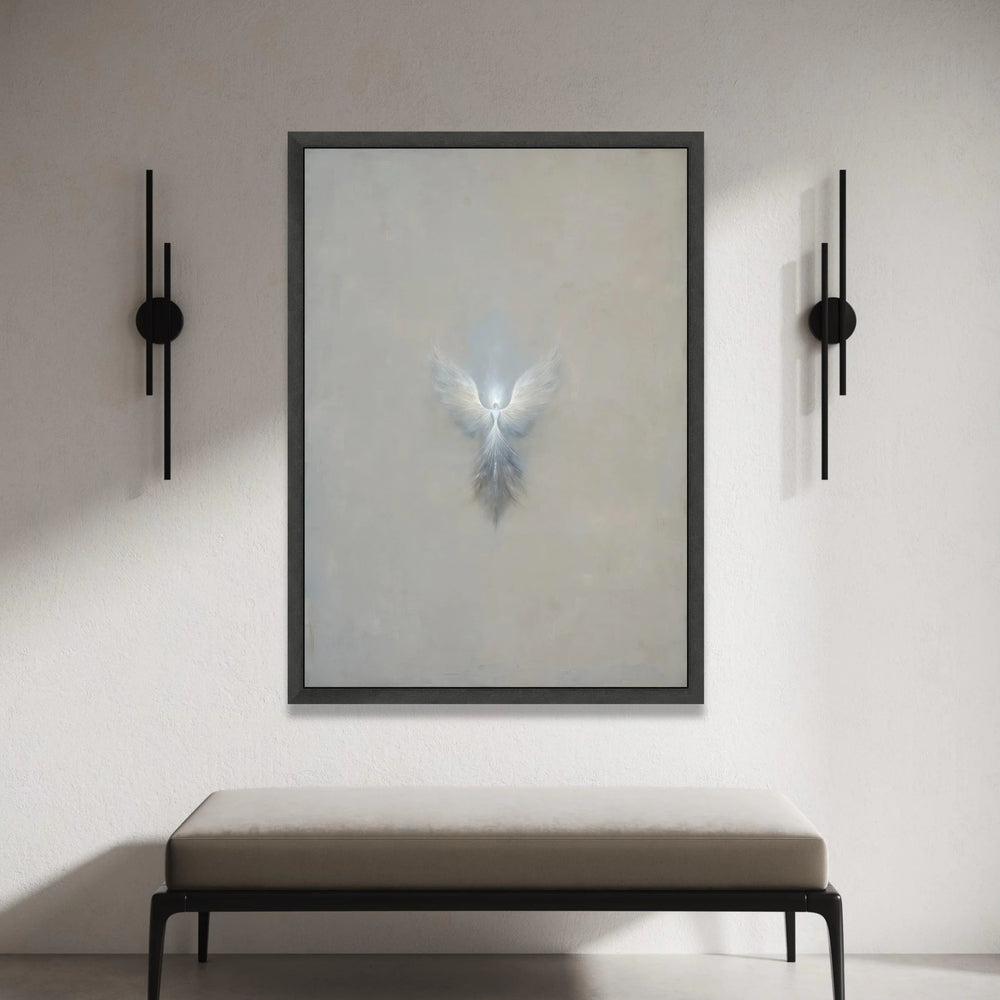 Ethereal Angel Wings Canvas, Minimalist Spiritual Wall Art, Soft Grey Abstract Canvas, Divine Light Home Decoration Canvas Print Art